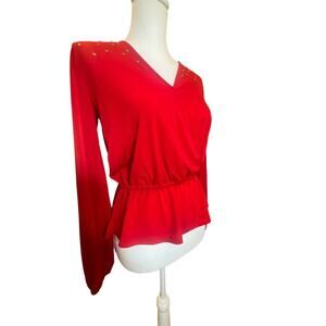 MICHAEL KORS RED FAUX WRAP CINCH WAIST LONG SLEEVE BLOUSE WOMENS XTRA SMALL